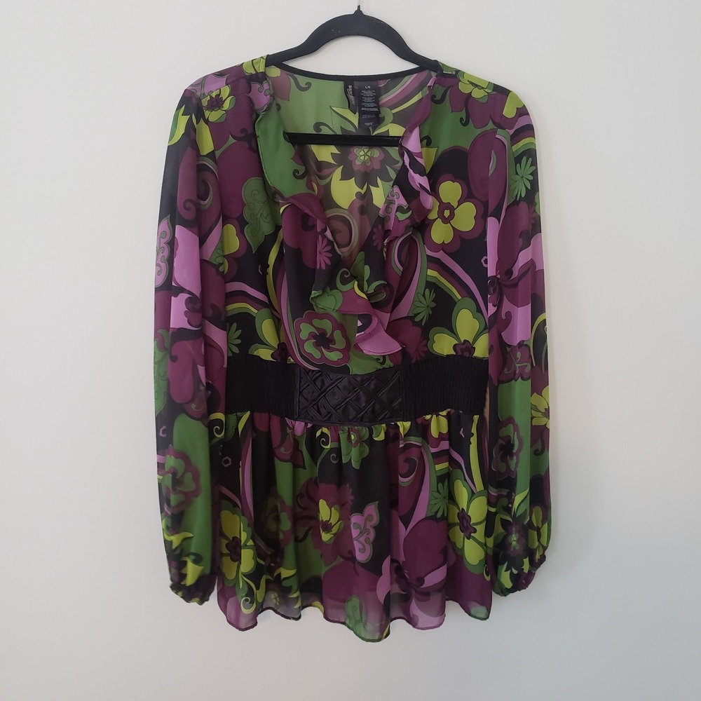 VTG Bisou Bisou Retro Statement Top LARGE Y2K Boho Hippie Flower Power Ruffle
